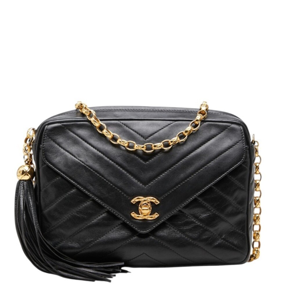 Chanel Chevron V-stitch Coco Mark Chain Shoulder Bag, Black Lambskin, Women's...